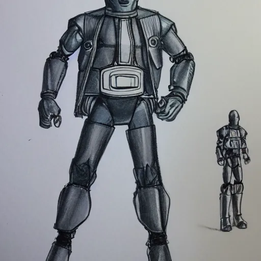 Image similar to industrial design sketch of an 1 9 8 0's kenner action figure. copic marker sketch. hand drawn.