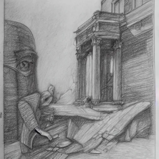 Image similar to The street is in ruins. A ruined statue. Fantasy. Pencil drawing