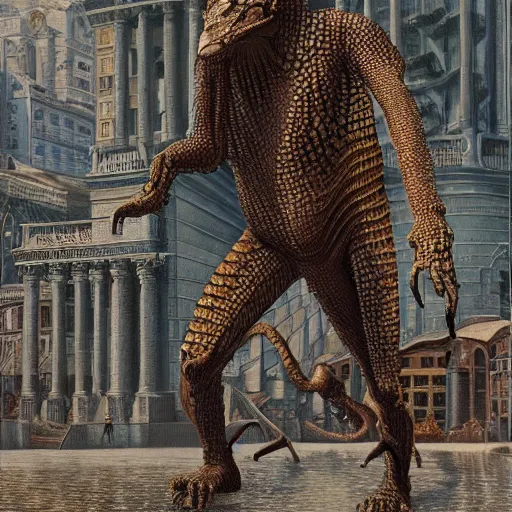 Prompt: humanoid reptilian man walks through the center of a city, extremely detailed oil painting, 1 9 2 0's colored pencil, highly detailed, highly accurate, deep aesthetic, 8 k, highly ornate intricate details, cinematic lighting, rich colors, beautiful scenic view, ray tracing, hyperrealistic, photorealistic, cinematic landscape, trending on artstation, concept art,