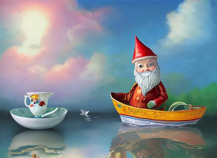 Prompt: a garden gnome sailing in a teacup, whimsical background of a reflective pond on a sunny day with dramatic clouds, an ultrafine detailed painting by mark ryden, trending on deviantart, pop surrealism, whimsical, lowbrow, joyous