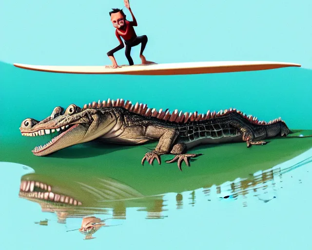 Prompt: a crocodile surfing on a longboard, tube wave, funny cartoonish, by gediminas pranckevicius h 7 0 4 and greg rutkowski, humanoid crocodile, 8 k cartoon illustration, impressive perspective, trending on artstation