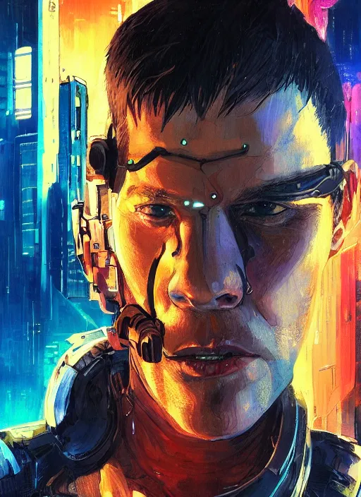 Image similar to cyberpunk space pilot character ( blade runner 2 0 4 9, dystopian, cyberpunk 2 0 7 7 character design ). attractive face. portrait by james gurney and laurie greasley and yoji shinkawa, oil on canvas. cinematic composition, hyper realism, realistic proportions, anatomy, dramatic lighting, photorealistic, high detail, 4 k