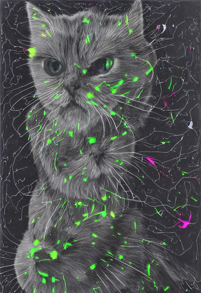 Prompt: wideshot cfa champion dark tortie scottish fold cat, framed in a window, watching a bird, abstract data visualization overlay perfect geometry bezier mathematical diagrams revealing sparrows flight trajectory calculation, detailed annotated painting, dark grisaille fluorescent color airbrush spraypaint accents, by jules julien, wes anderson, hannah af klint, risograph 4 k