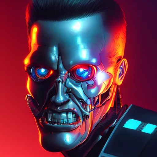 Image similar to James Cameron as the t-800 Terminator , ambient lighting, 4k, anime key visual, lois van baarle, ilya kuvshinov, rossdraws, artstation