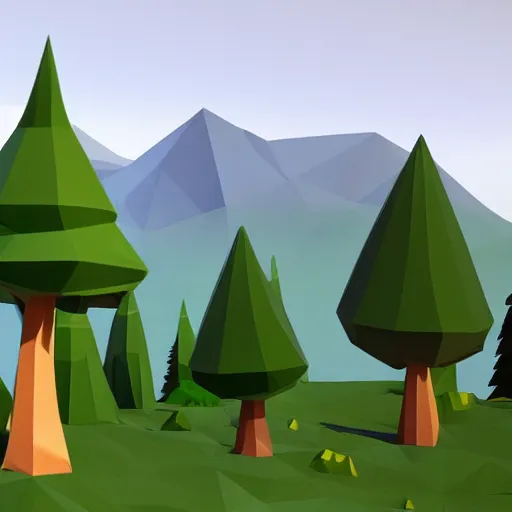 Image similar to a forest of 3d low poly trees with the mountains in the background, high quality, mobile game