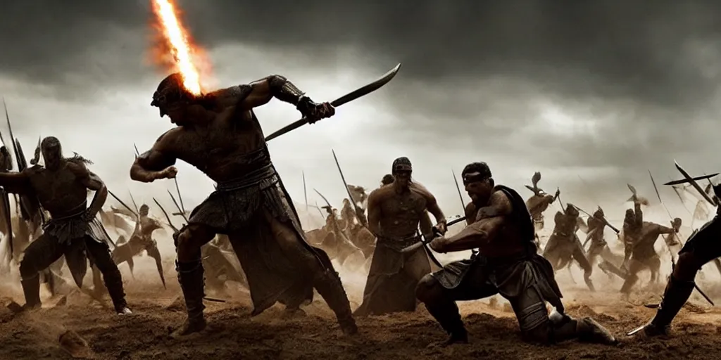 Prompt: epic battle screen of hero, film still from the movie'3 0 0'( 2 0 0 6 ), 3 d, 8 k realistic, cryengine, playstion 5 screen, cinematic lighting