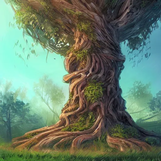 Prompt: a tree with a wide trunk planted in the middle of a city with high details, digital art, artstation, cinematografic