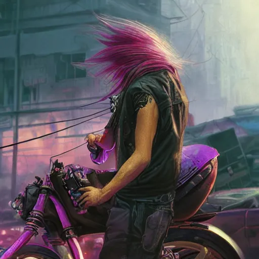 Image similar to portrait painting of a street samurai with long purple hair riding a motorcycle through a burning cyberpunk slum, glitchwave, ultra realistic, concept art, intricate details, eerie, highly detailed, photorealistic, octane render, 8 k, unreal engine. art by artgerm and greg rutkowski