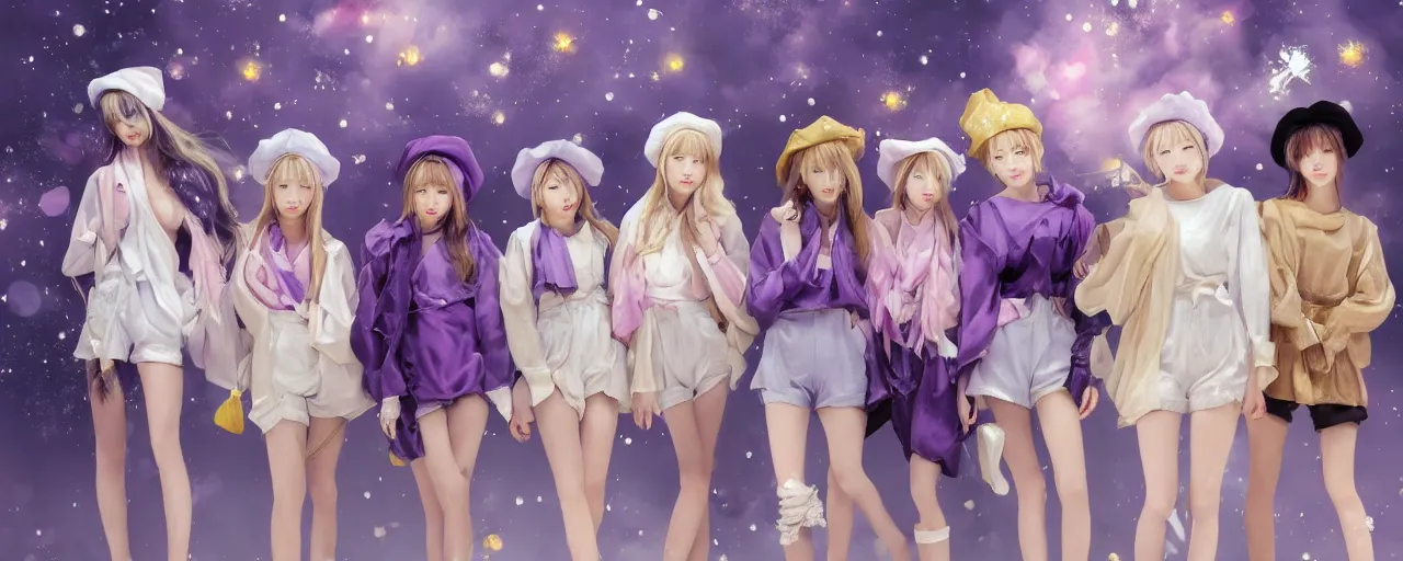 Prompt: Full View of a mysterious kpop girl group with short blond hair wearing an oversized purple Beret, Baggy Purple overall shorts, Short Puffy pants made of silk, silk shoes, a big billowy scarf, Golden Ribbons, white leggings Covered in stars. Short Hair. peasant magic. masterpiece 4k digital illustration by Ruan Jia and Mandy Jurgens and Artgerm and william-adolphe bouguereau, award winning, Artstation, art nouveau aesthetic, Alphonse Mucha background, intricate details, realistic, panoramic view, Hyperdetailed, 8k resolution, intricate art nouveau