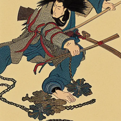 Image similar to by hokusai, samurai man vagabond, the samurai holds chains, detailed, editorial illustration, matte print, concept art, ink style, sketch, digital 2 d