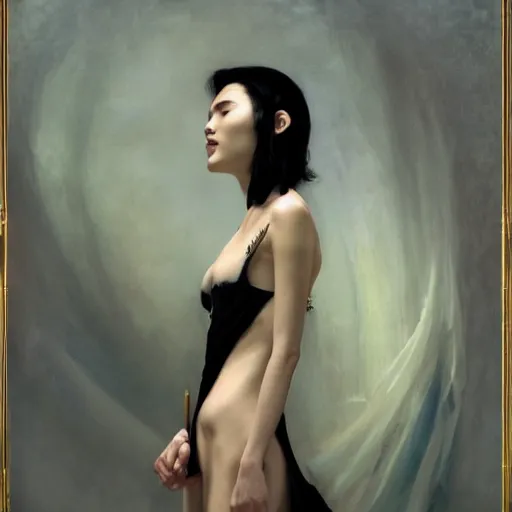 Image similar to detailed cinematic wide shot of beautiful attractive tao okamoto asian vampire woman wearing black bath robe slim face symettrical face clean skin black eyes black robe smooth, sharp focus, ultra realistic, spring light, painting by gaston bussiere, craig mullins, j. c. leyendecker