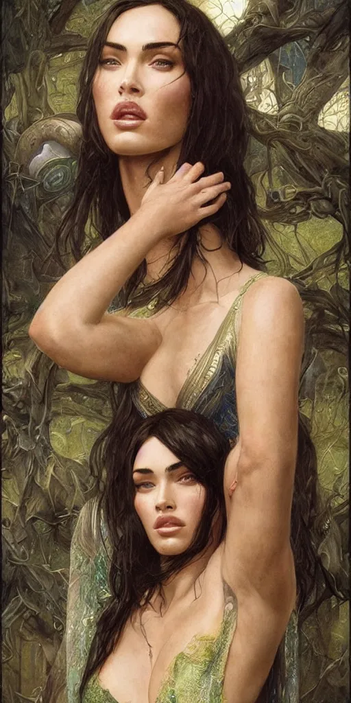 Prompt: epic masterpiece portrait of agothic lady played by megan fox, followed by heads with many souls, beautiful face and flawless skin, perfect hands, emeralds by Edgar Maxence and Ross Tran and Michael Whelan