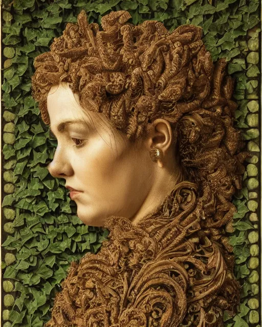 Image similar to a woman's face in profile, made of intricate decorative ivy, in the style of the dutch masters and gregory crewdson, dark and moody