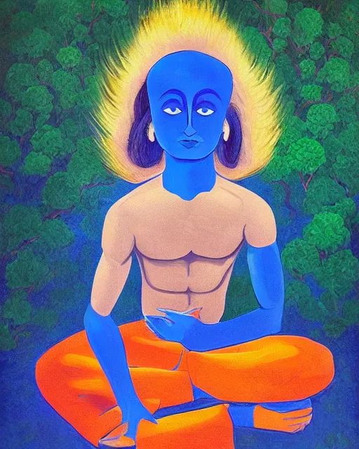 Prompt: geert wilders mudra sitting cross - legged, blue skin, trees background, raising arm, breathtaking, colourful, detailed, concept art, painting, hindu art