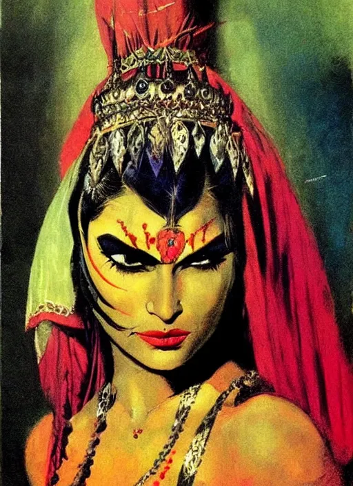 Prompt: portrait of muscular indian vampiress, jeweled veil, strong line, saturated color, beautiful! coherent! by frank frazetta, high contrast, minimalism