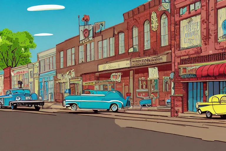 Prompt: a whimsical storybook illustration of a small town main street from the 1 9 5 0 s with a line of brick buildings with business signs over the doors and some late 1 9 5 0 s cars on the road in front of the buildings and one 1 9 3 0 model a hot rod, lowbrow pop art style