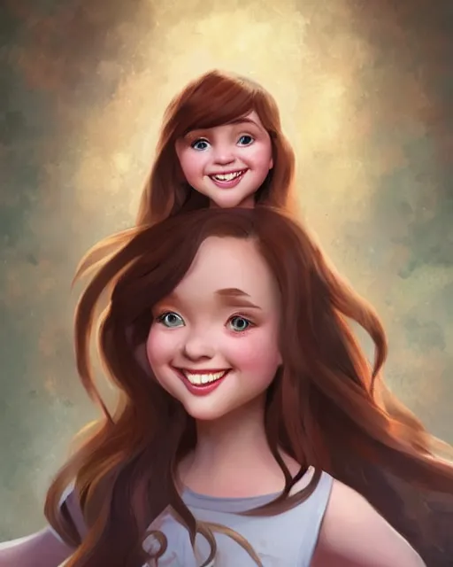 Prompt: classic disney portrait character art of white girl with long dark hair and brown eyes, round cute cheeks and a big smile, art, cgsociety, artstation