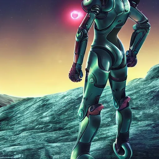 Prompt: Samus in the varia suit standing in the middle of a desolate planet, full body shot, the planet is full of otherworldly natural structures, two moons float above the horizon, futuristic