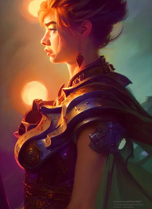 Image similar to side portrait, imogen poots, paladin, fantasy, gloomhaven, luminescent, gaudy colors, by greg manchess, huang guangjian, gil elvgren, sachin teng, greg rutkowski, jesper ejsing, ilya kuvshinov