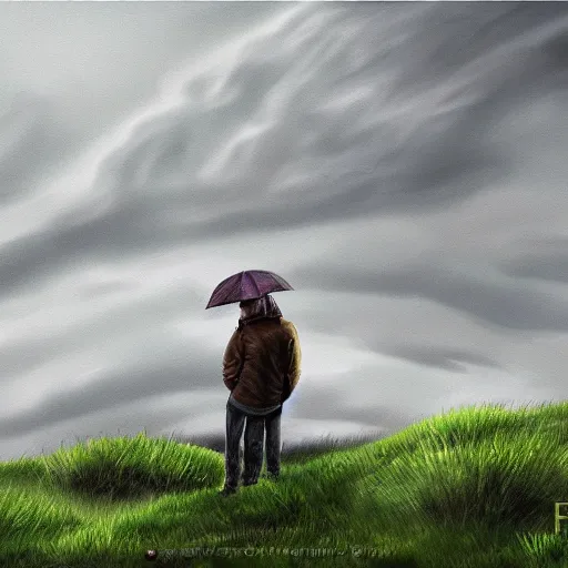 Image similar to a regretful man on a hill and storm is coming, digital painting, futured, ultra detailed