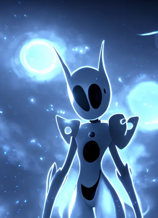 Prompt: cinematic shot, the hollow knight pure vessel dynamic pose space background, shining armor, ultra detailed digital art, 4 k deviantart