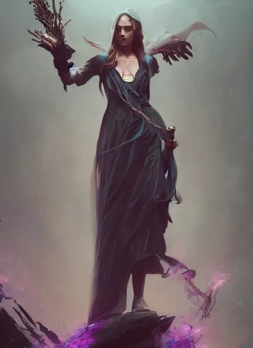 Image similar to hyper realistic photo of victorian sorceress, full body, rule of thirds, conceptart, saturated colors, cinematic, greg rutkowski, brom, james gurney, mignola, craig mullins, artstation, artgerm cgsociety