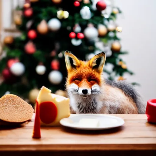 Prompt: fox wearing a christmas hat eating cheese at a fancy table