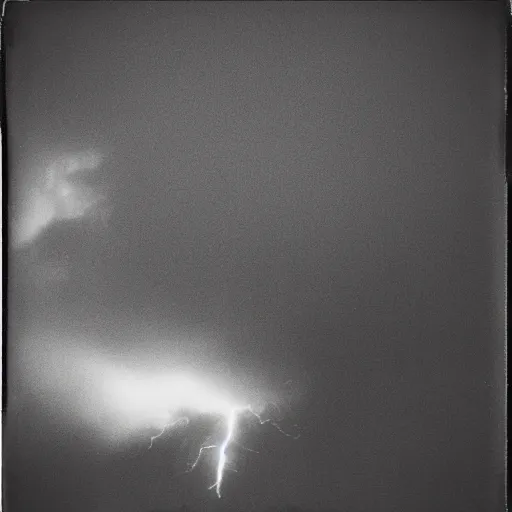 Prompt: low wide angle, old polaroid of a man being hit by a lighting strike, black and white