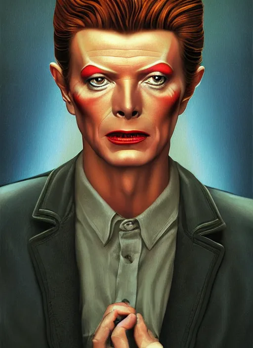 Prompt: twin peaks poster art, portrait of david bowie cursed himself in order to find the secrets of the black lodge, by michael whelan, rossetti bouguereau, artgerm, retro, nostalgic, old fashioned