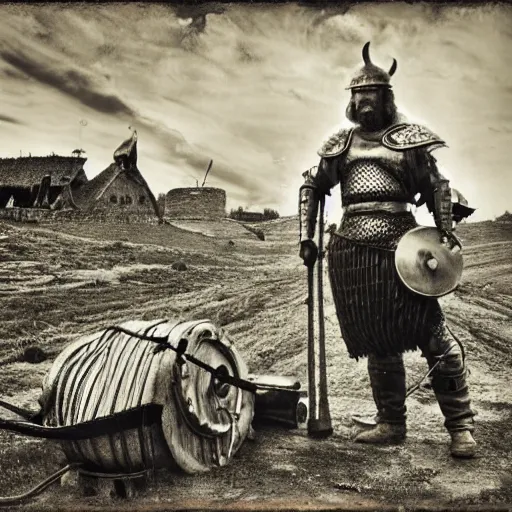 Image similar to wise angle photo of viking in armor working on the mechanical ancient device, tools and junk on the ground,wires and lights, old village in the distance, vintage old photo, black and white, sepia