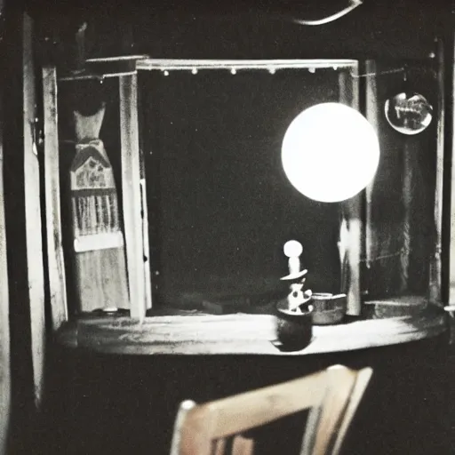 Prompt: interior view of a cabin at night with stovetop, a snowglobe neighbourhood is on top of a wood table, ektachrome photograph, f8 aperture