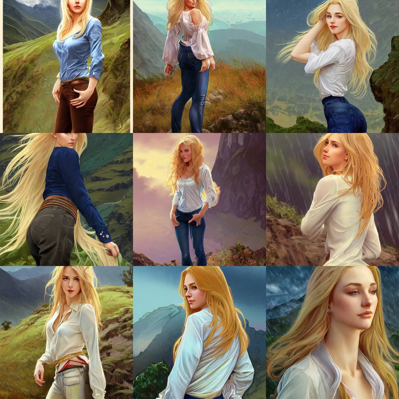 Prompt: a gorgeous woman with long light-blonde hair wearing a blouse and jeans, standing in the rain on top of a mountain, highly detailed, digital painting, artstation, concept art, sharp focus, illustration, art by artgerm and alphonse mucha