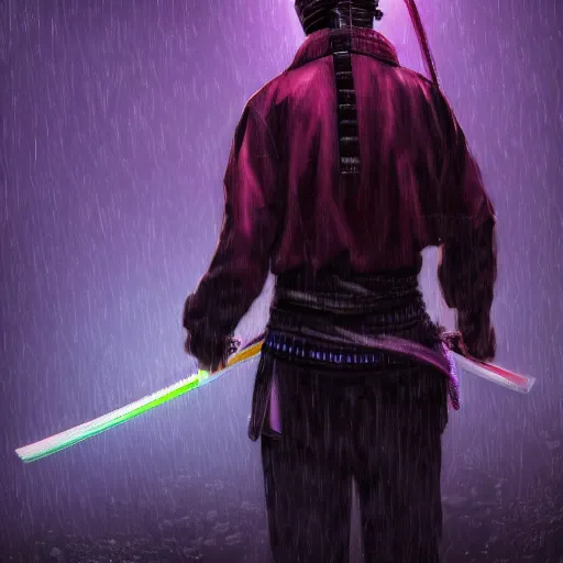 Prompt: realistic detailed portrait of a lone samurai with prosthetic hands, a purple blindfold and a high-tech katana behind his back, clothing in dark deep colors, cyberpunk style, rainy weather and evening, neon lights, 4K, masterpiece