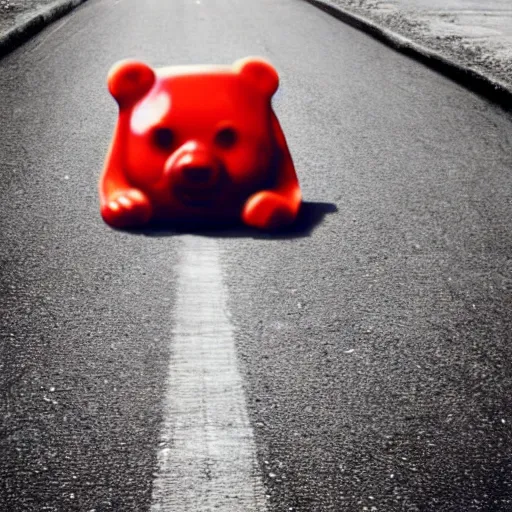 Image similar to A scary gummy bear is chasing me ,night,street,road