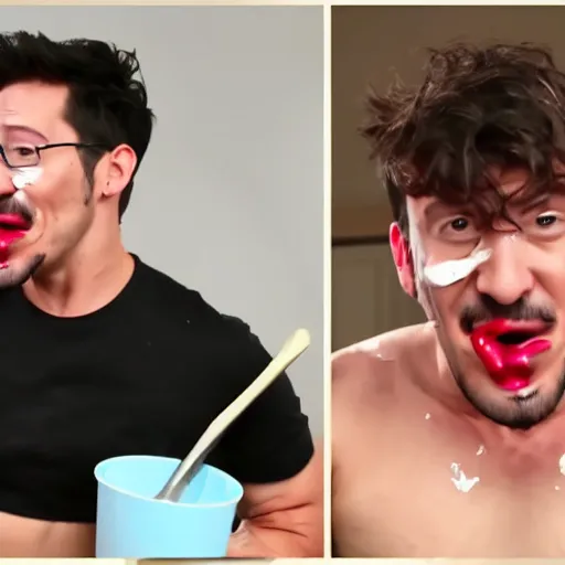 Image similar to markiplier slurping from a bucket of cream using a ladle, but spilling it all over his face and abs