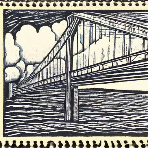 Prompt: small steel suspension bridge built in 1 9 2 8, side view, puffy clouds in background, woodcut style stamp, 8 k