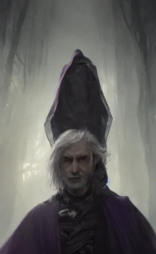 Prompt: portrait of a man with glowing purple eyes dressed in a black cloak with silver hair, detailed face, fantasy, highly detailed, cinematic lighting, digital art painting by greg rutkowski