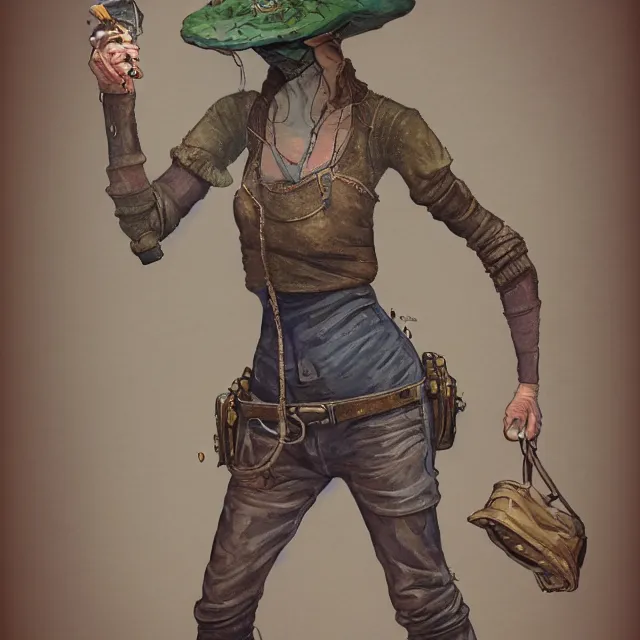 Image similar to a oil / watercolor painting full body character portrait of a illogical, odd, seasoned female anthropomorphic alligator miner on the wrong side of the law. in the style of moebius in the style of leonard boyarsky trending on artstation deviantart pinterest hyper detailed photorealistic highlights and shadow hd 8 k post - processing high resolution