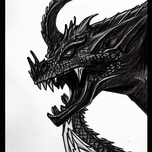 Prompt: a rough pencil sketch of a dragon breathing fire, highly detailed, dark colors, intricate, 8 k, artstation