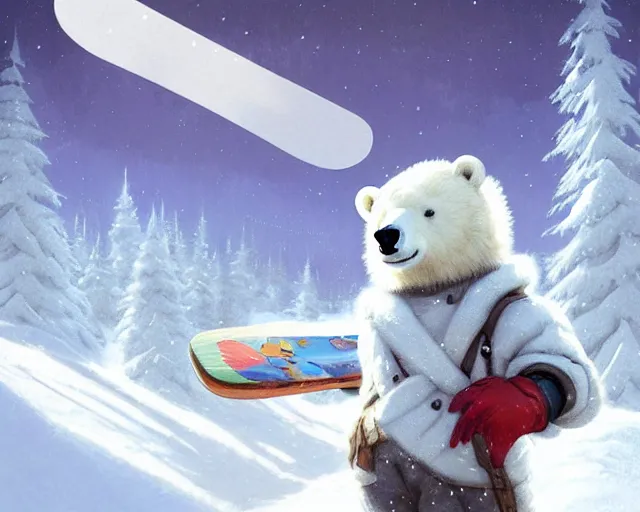 Image similar to a super cute anthropomorphic polar bear in snowgear from final fantasy, holding a snowboard, deep focus, d & d, fantasy, intricate, elegant, highly detailed, digital painting, artstation, concept art, matte, sharp focus, illustration, hearthstone, art by artgerm and greg rutkowski and alphonse mucha