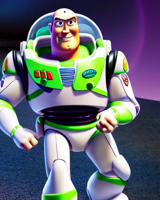 Image similar to Film still close-up shot of Dwayne Johnson as Buzz Lightyear in the movie Toy Story 3. Photographic, photography