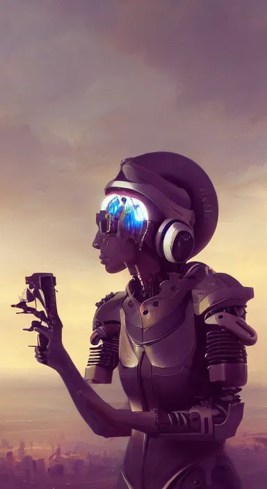 Prompt: full length portrait of a catholic cyborg saint djing with headphones on, cinematic background, high detail, digital art, 4 k, painted by greg rutkowski and asher brown durand, trending on artstation