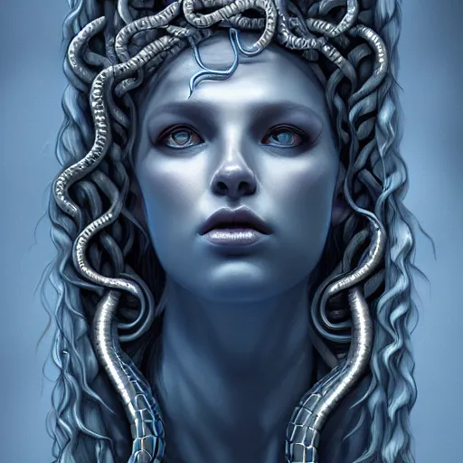 Prompt: portrait of medusa, deep blue, silver snakes, high detail concept art, dark fantasy, backlight, atmospheric, trending on artstation
