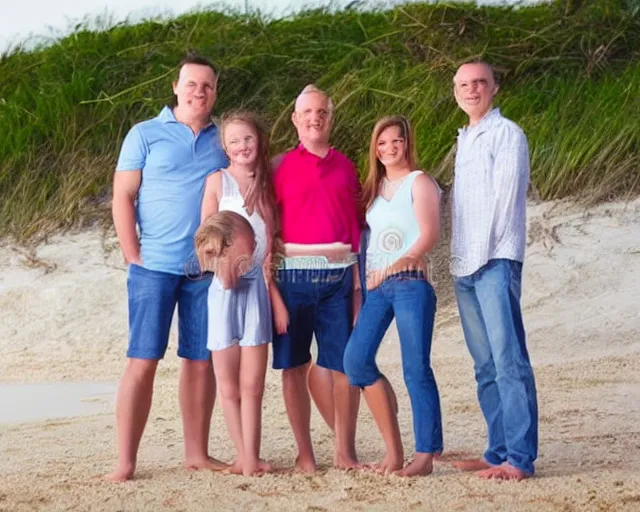 Prompt: family portrait of a happy family holding each other, facing the camera, standing in front of a beach, stock photo taken with canon eos - 1 d mark iii