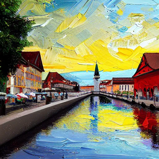 Image similar to a beautiful impasto oil painting of the city of the chiemsee, digital art