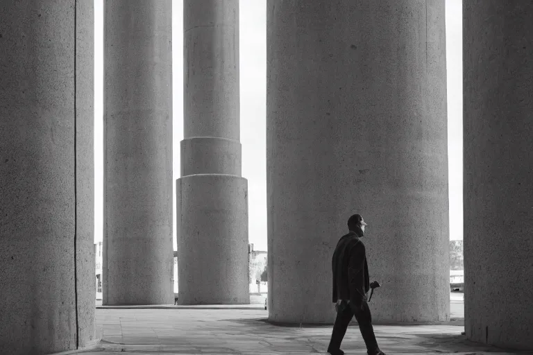 Image similar to a man walking through a brutalist cement structure with towering pillars and high ceilings