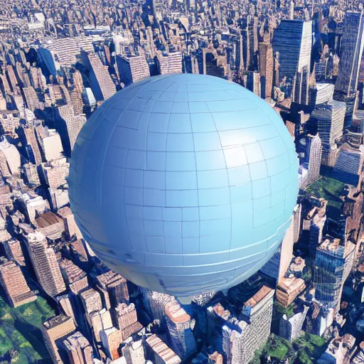 Prompt: isometric view of giant spherical city that is made of a New York neighbourhood, floating in partly cloudy deep blue space, 3d rendering, f8 aperture