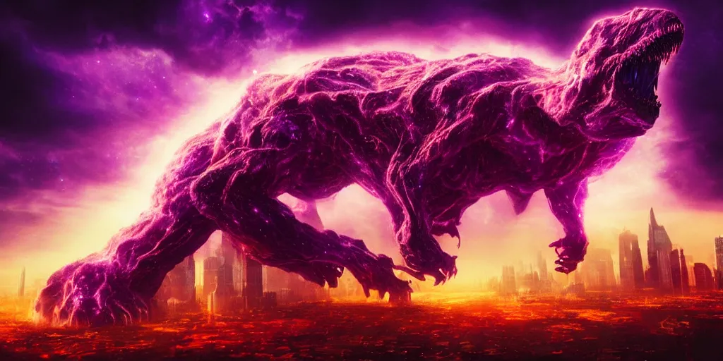 Prompt: Horrific cosmic beast consumes distant future city, megacity collapsing and imploding, beast emerging from timespace tear, cinematic lighting, PBR, hyperrealistic, oil painting, purple crimson color scheme