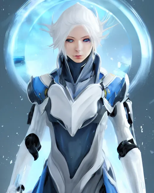 Image similar to perfect white haired girl, warframe armor, beautiful, pretty face, blue eyes, detailed, windy weather, scifi platform, laboratory, experiment, 4 k, ultra realistic, epic lighting, cinematic, high detail, masterpiece, akihito tsukushi