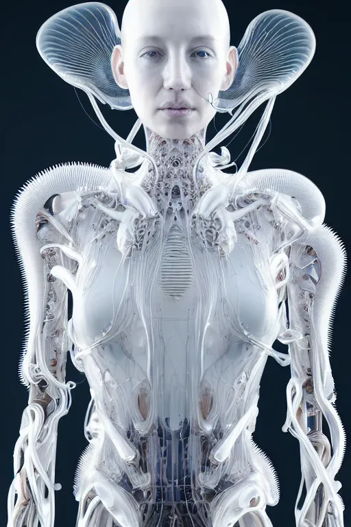 Image similar to iris van herpen, perfect symmetrical body, full body shot, inflateble shapes, wires, tubes, veins, jellyfish, white biomechanical details, wearing epic bionic cyborg implants, masterpiece, intricate, biopunk, vogue, highly detailed, artstation, concept art, cyberpunk, octane render